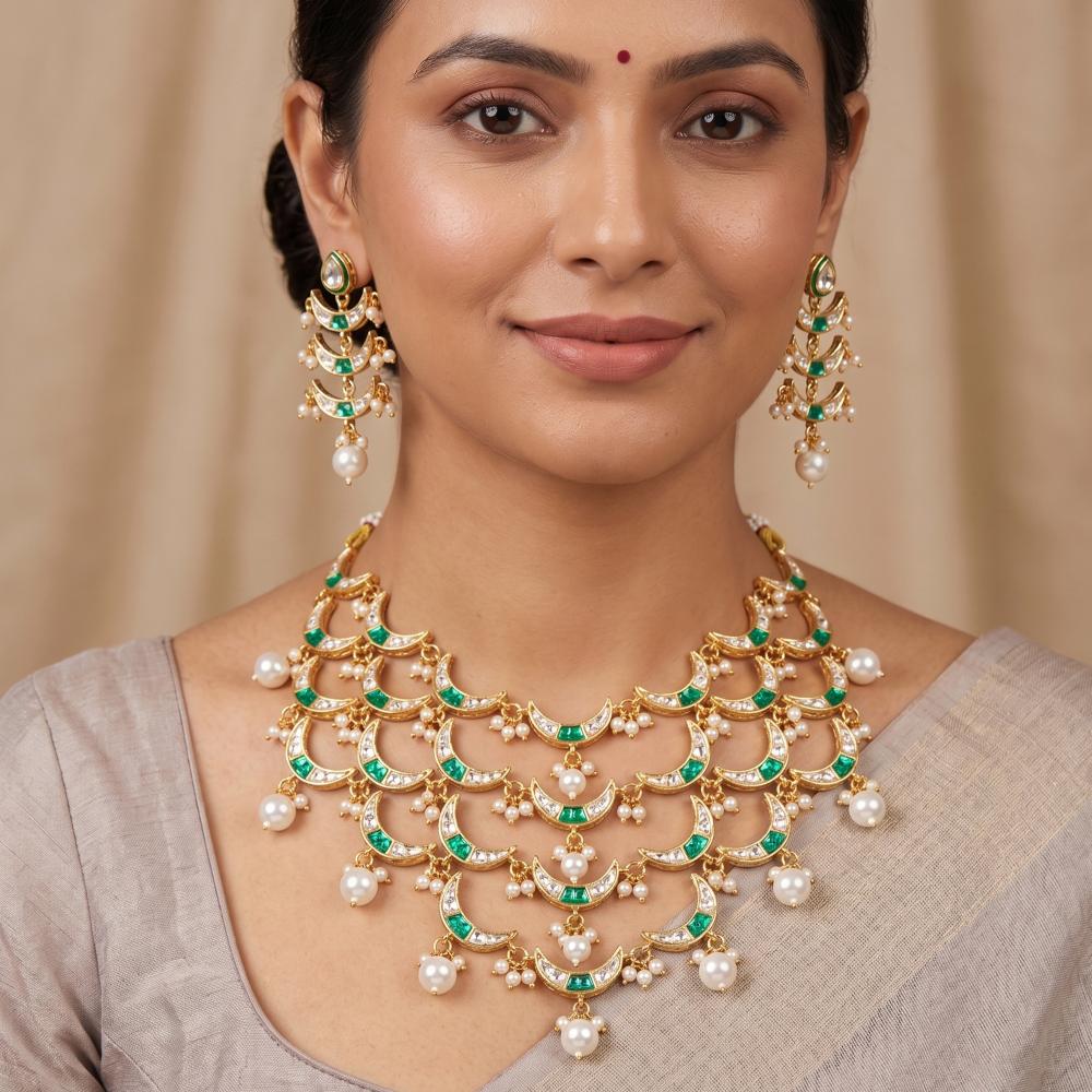 Js Fashion  Fancy Full Stone Pearl Necklace Set High Gold Finish