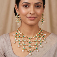 Js Fashion  Fancy Full Stone Pearl Necklace Set High Gold Finish