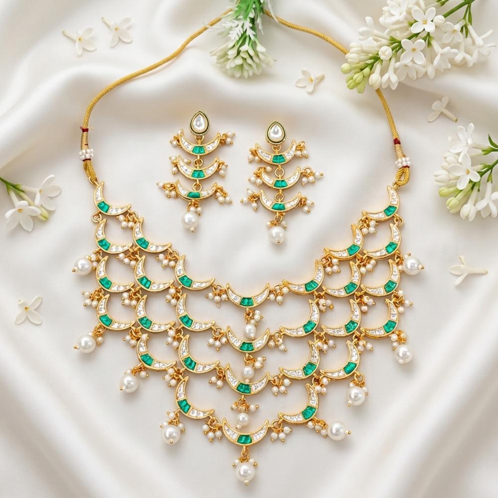 Js Fashion  Fancy Full Stone Pearl Necklace Set High Gold Finish