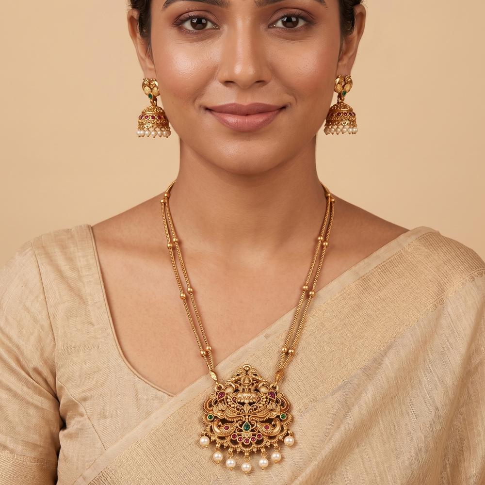 Js Fashion  Premium God Laxmi Temple Necklace Set with Peacock Pendant