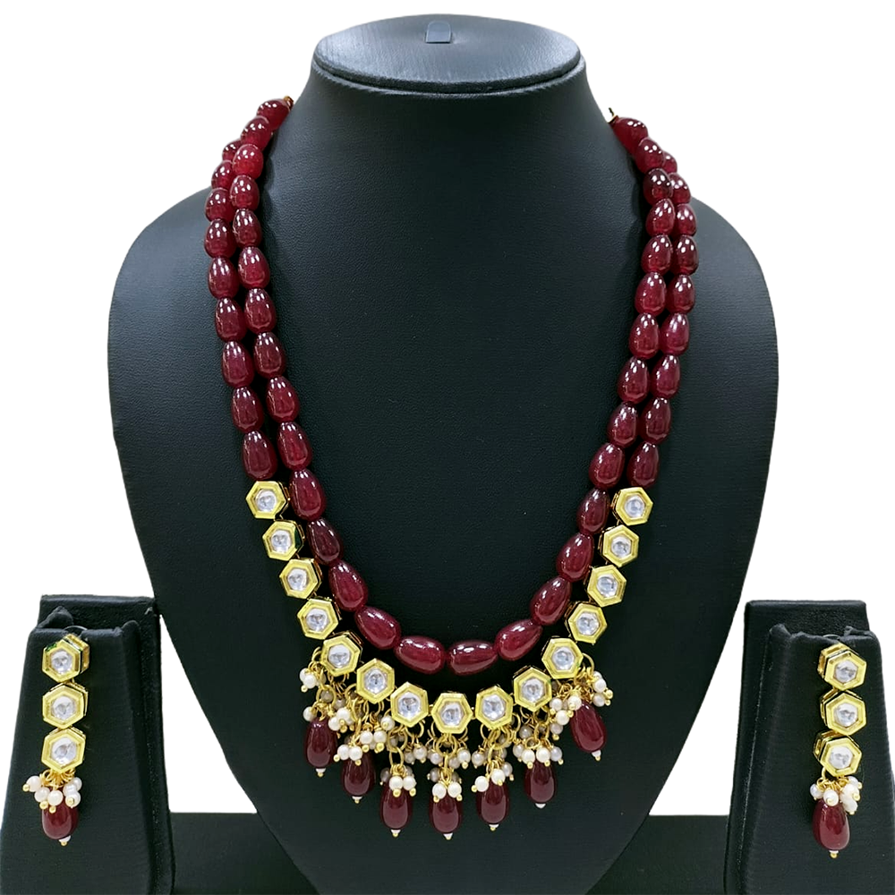 Knigght angel  Gold Plated Kundan And Beads Multi Layer Necklace Set