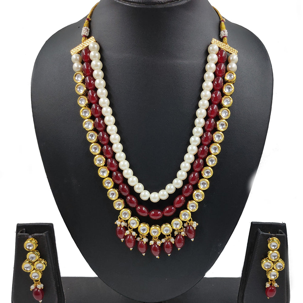 Knigght angel  Gold Plated Kundan And Beads Multi Layer Necklace Set