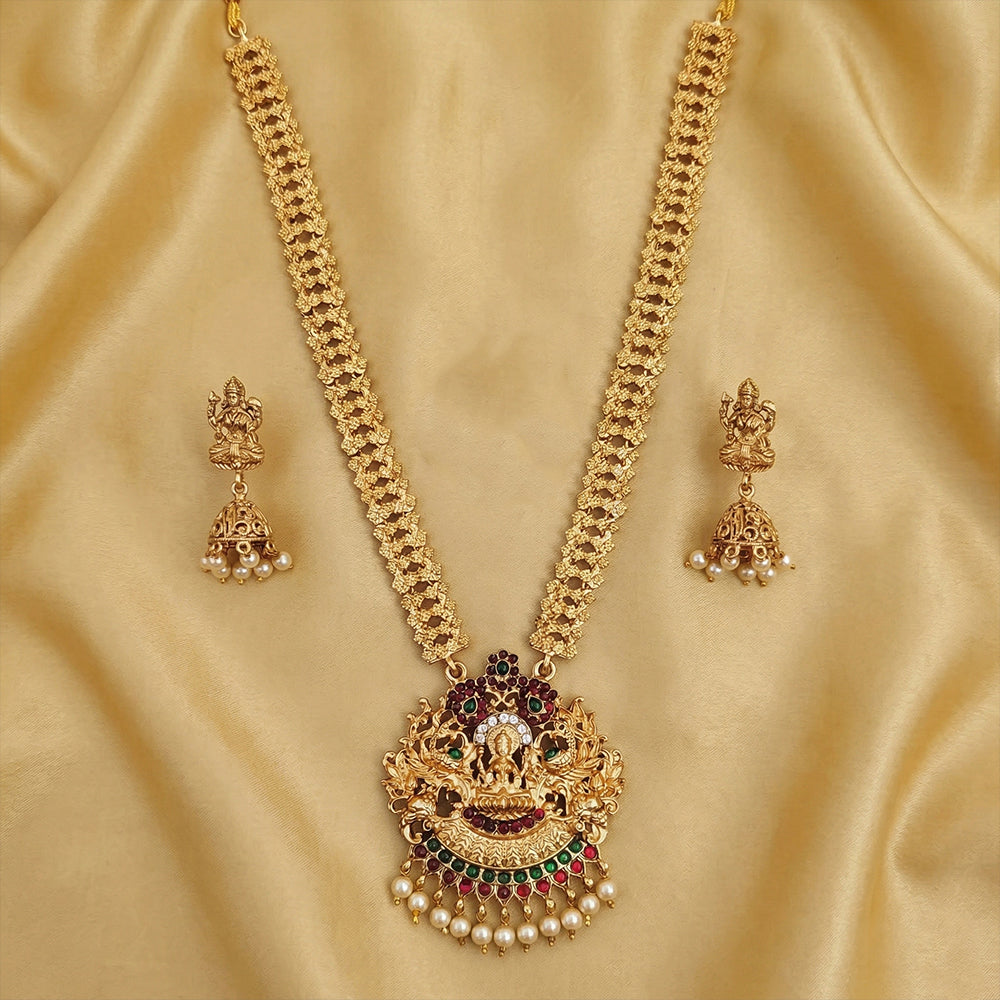 Js Fashion  Matte Gold Polish Clustered Pearl Laxmi Pendant Designer Fancy style Temple Jewellery Long Temple Necklace Set