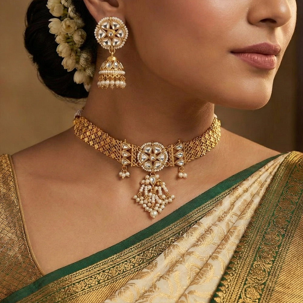 Js Fashion  Antique Clustered Pearl High Gold Polish Full Stone Party Wear Necklace Set