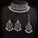 Js Fashion  OXidized Silver Polish Beautiful Designer Clustered Pearl full white Stones Party wear Choker Necklace Set