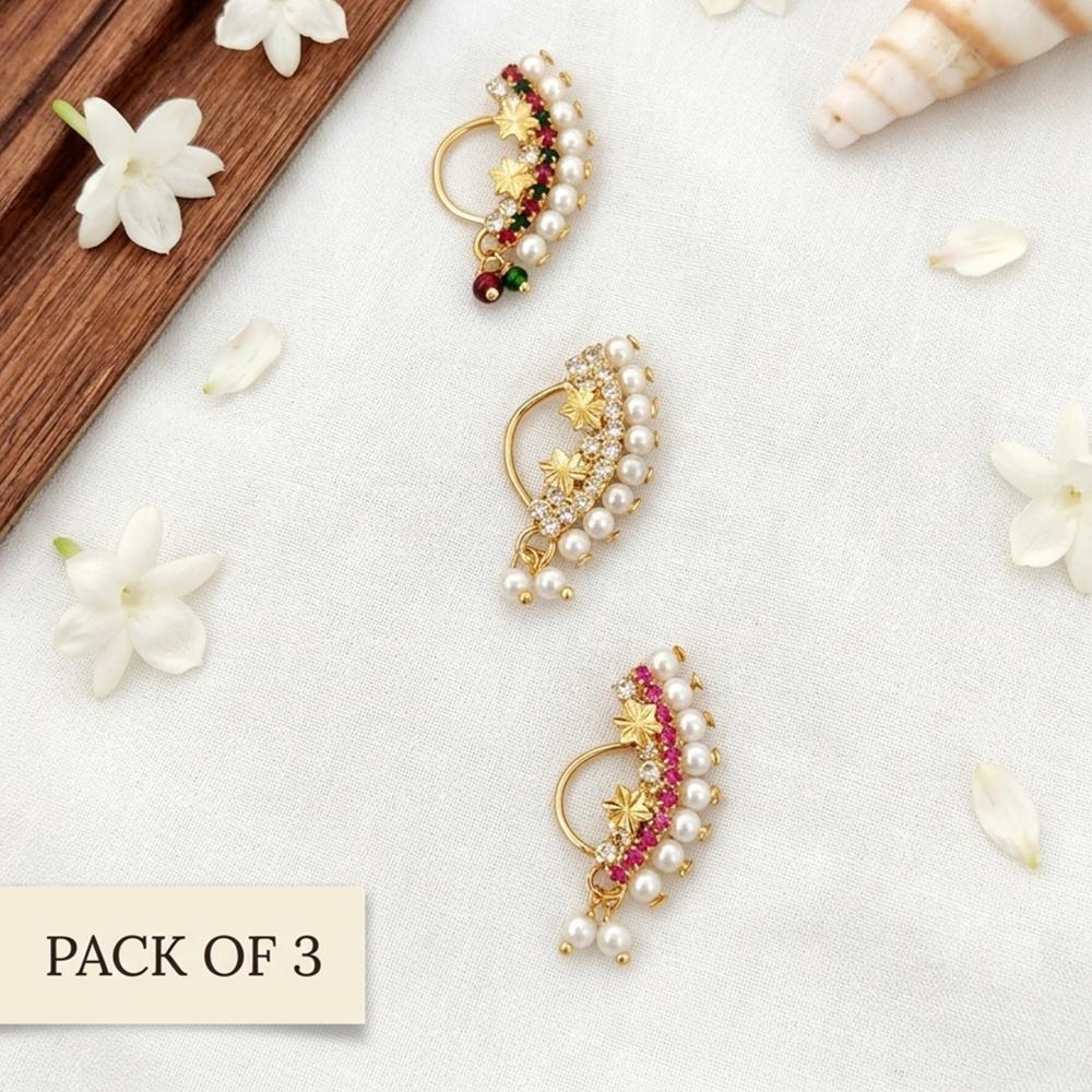 Js Fashion  PACK OF 3  Designer Floral Maharashtrian Nose Ring Set for women