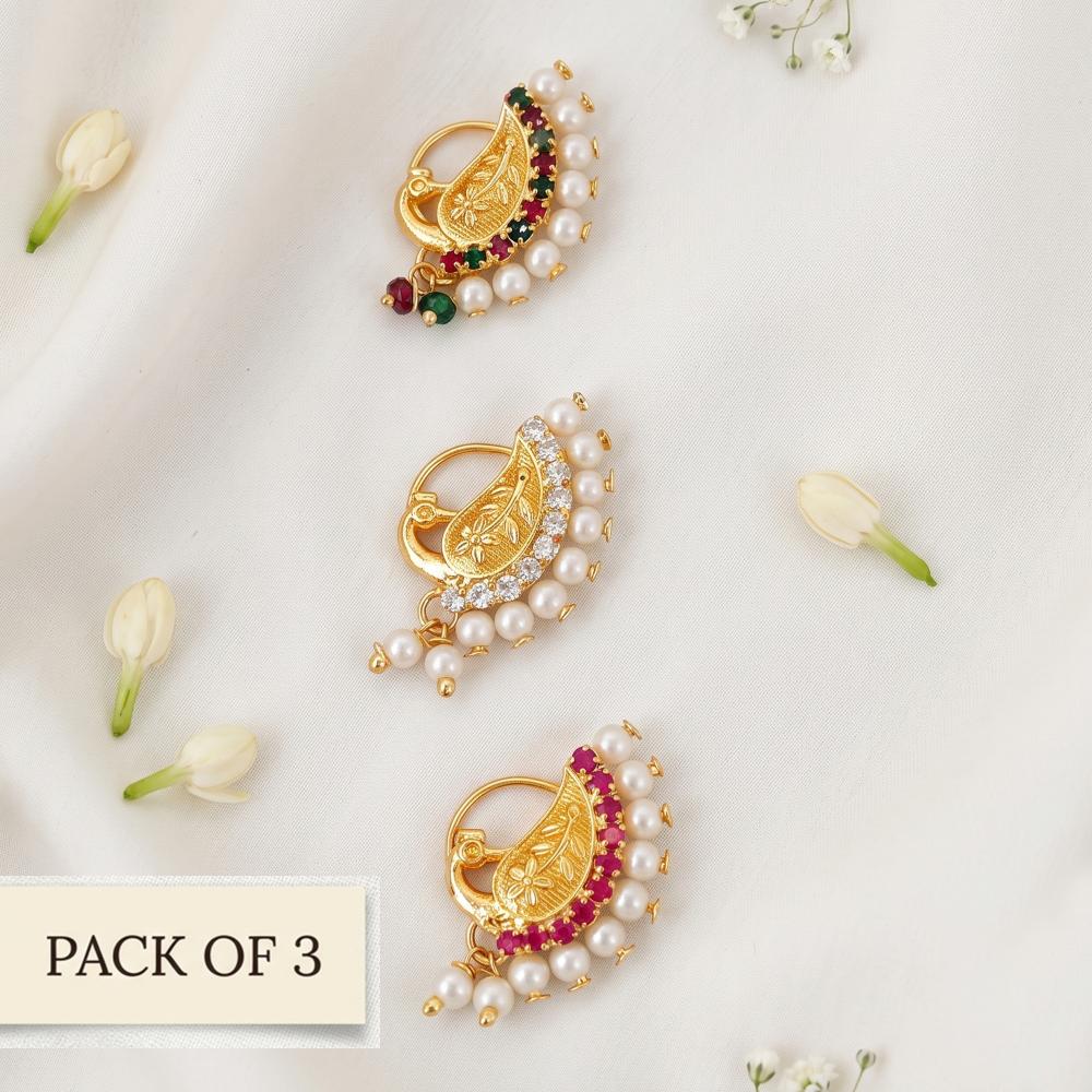 Js Fashion  PACK OF 3 Fancy High Gold Maharashtrian Nath for Women