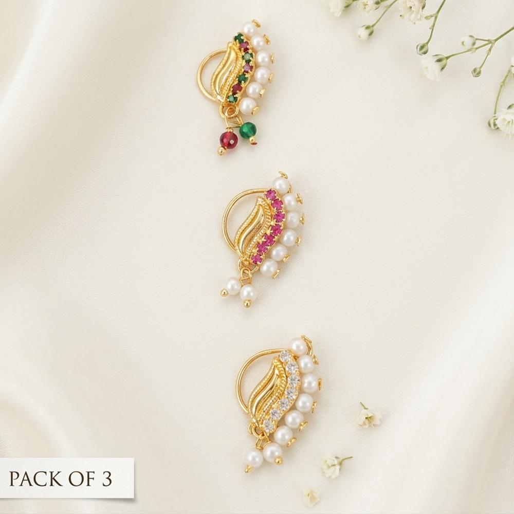 Js Fashion  PACK OF 3 High Gold Traditional Maharashtrian Pearl Nath