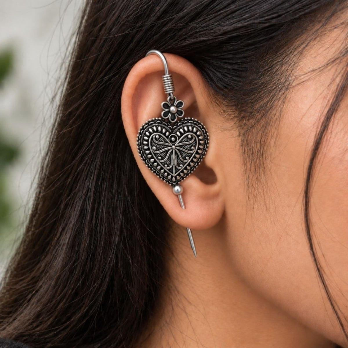 Etnico Navratri Traditional Oxidised Silver Plated Bugadi Ear Cuff Earrings for Women & Girls