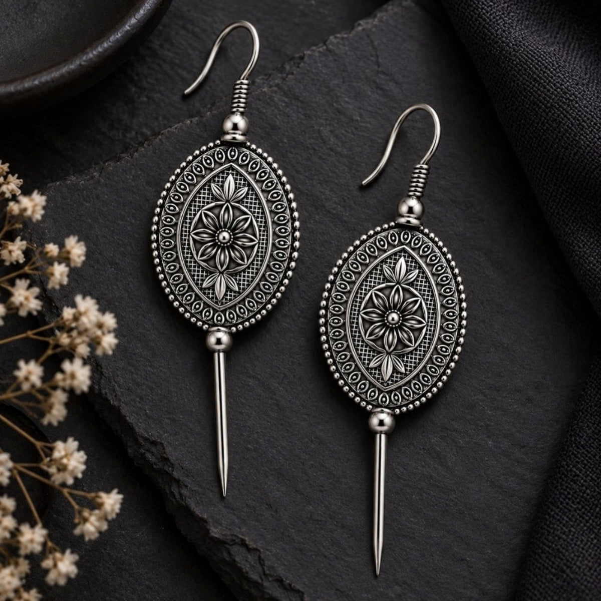 Etnico Navratri Traditional Oxidised Silver Plated Bugadi Ear Cuff Earrings for Women & Girls