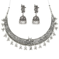 Etnico Traditional Navratri Oxidised Silver Plated Ghungroo Hasli Choker Necklace with Jhumka Earrings Jewellery Set for Women (OXJ008)