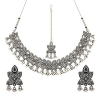 Etnico Traditional Navratri Oxidised Silver Plated Ghungroo Choker Necklace with Earrings and Maang Tikka Jewellery Set for Women (OXJ009)