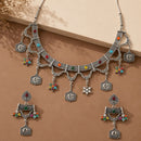Etnico Traditional Navratri Oxidised Silver Plated Multicolour Tribal Choker Necklace with Dangle Earrings Jewellery Set for Women (OXJ010)