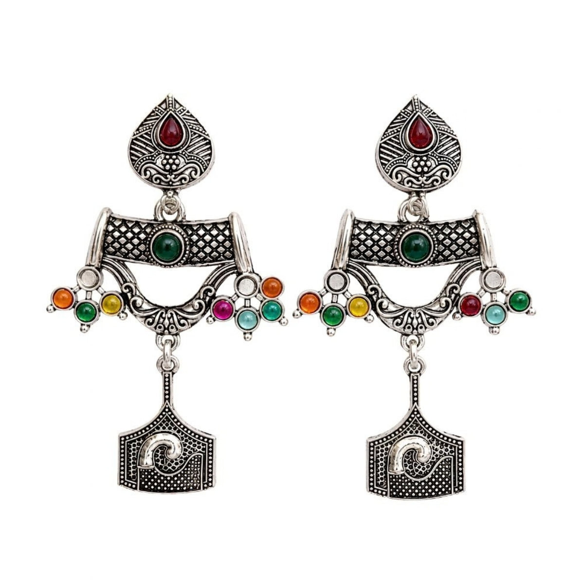 Etnico Traditional Navratri Oxidised Silver Plated Multicolour Tribal Choker Necklace with Dangle Earrings Jewellery Set for Women (OXJ010)