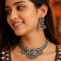 Etnico Traditional Navratri Oxidised Silver Plated Multicolour Choker Necklace with Earrings and Maang Tikka Jewellery Set for Women (OXJ011)