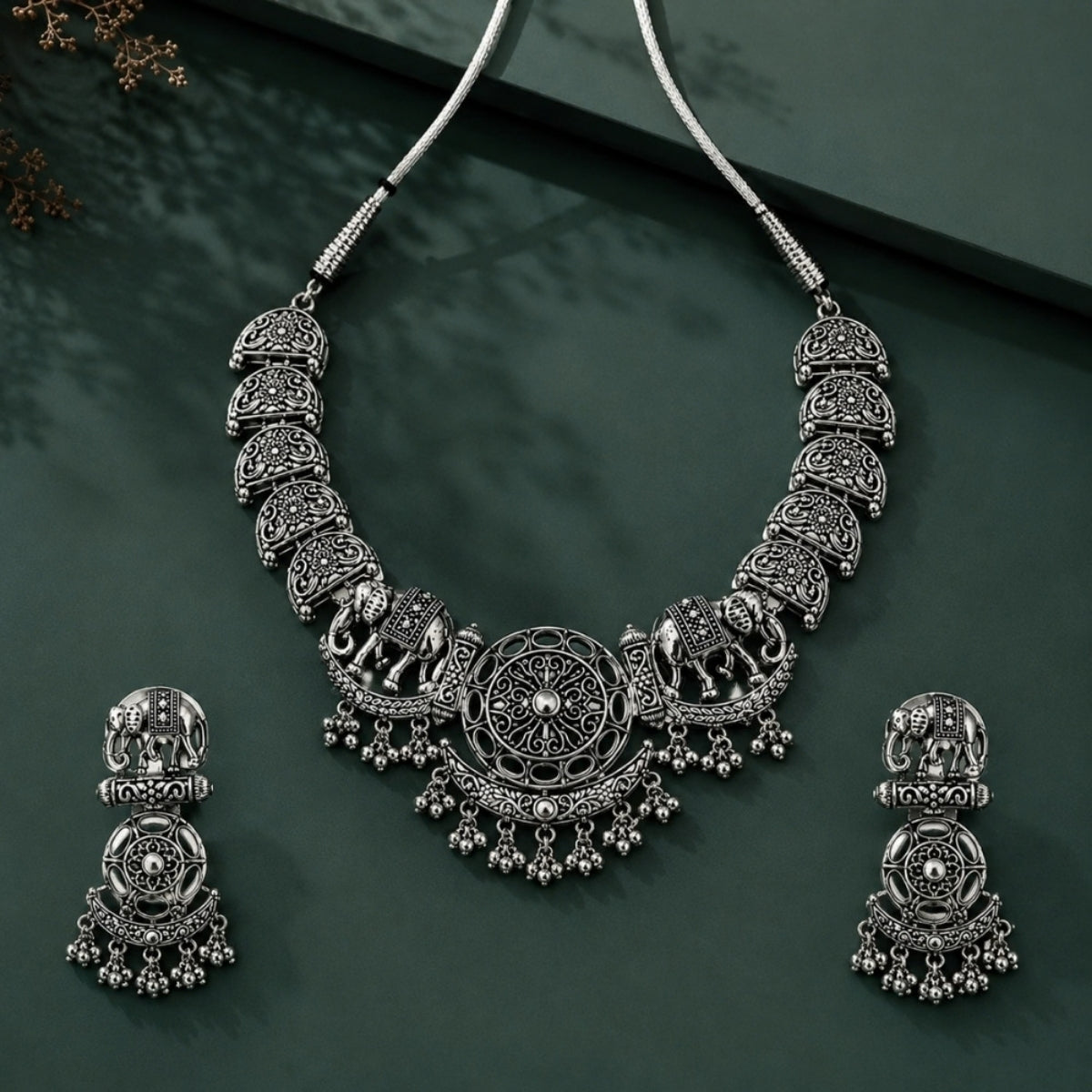 Etnico Traditional Navratri Oxidised Silver Plated Multicolour Choker Necklace with Earrings and Maang Tikka Jewellery Set for Women (OXJ011)