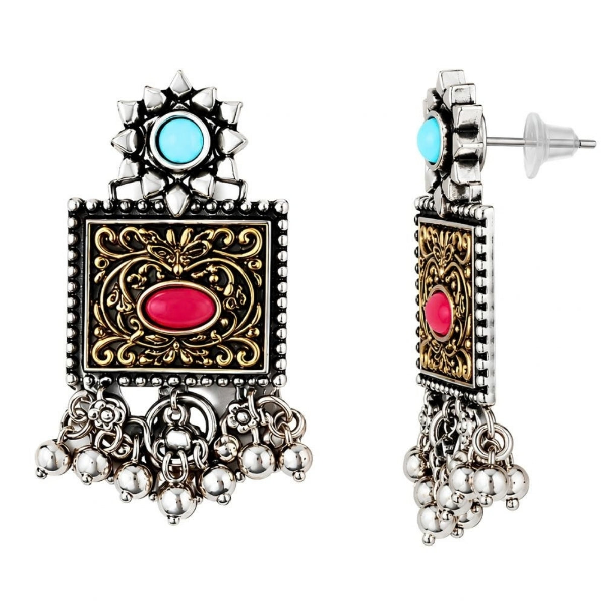 Etnico Traditional Navratri Oxidised Silver Plated Multicolour Long Necklace with Matching Earrings Jewellery Set for Women (OXJ012Mul)