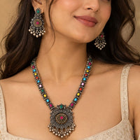 Etnico Traditional Navratri Oxidised Silver Plated Multicolour Stone Long Necklace with Earrings Jewellery Set for Women (OXJ016Mul)