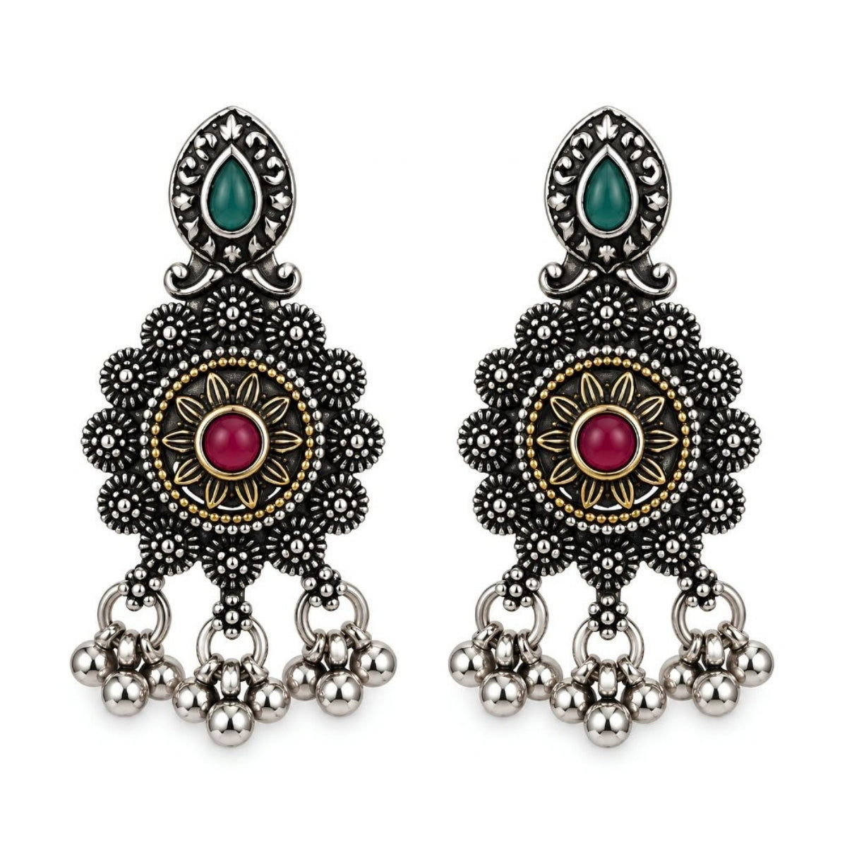 Etnico Traditional Navratri Oxidised Silver Plated Multicolour Stone Long Necklace with Earrings Jewellery Set for Women (OXJ016Mul)