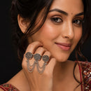 Etnico Traditional Oxidised Silver Plated Design Two Finger Ring with Multicolour Stones & Hanging Ball Charms for Women & Girls