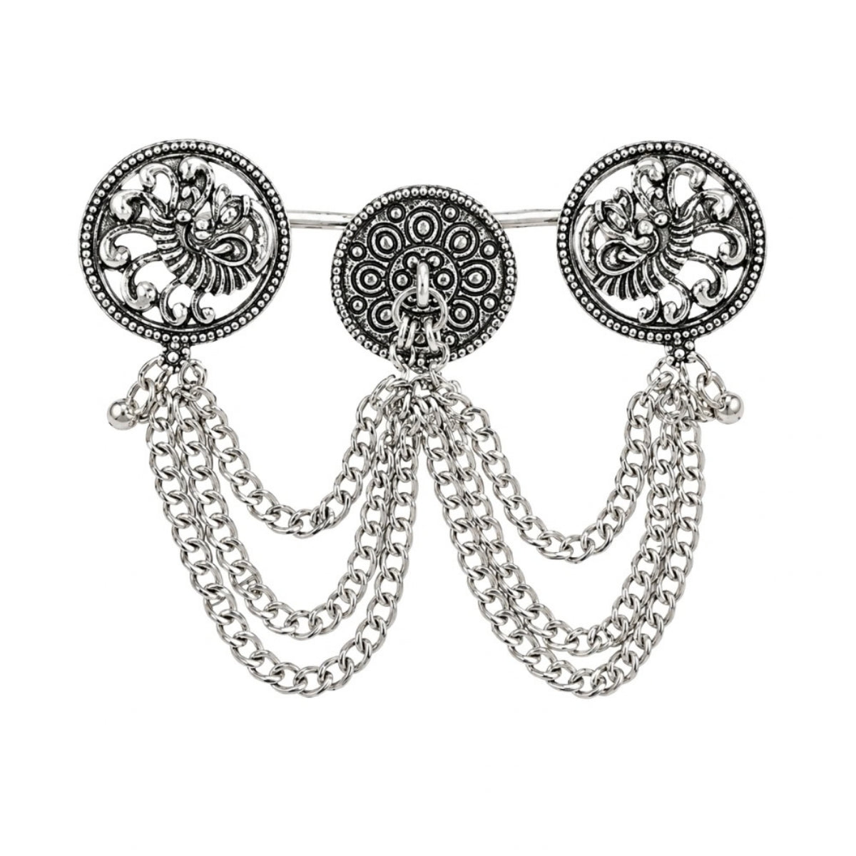 Etnico Traditional Oxidised Silver Plated Design Two Finger Ring with Multicolour Stones & Hanging Ball Charms for Women & Girls