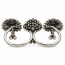 Etnico Traditional Oxidised Silver Plated Design Two Finger Ring with Multicolour Stones & Hanging Ball Charms for Women & Girls