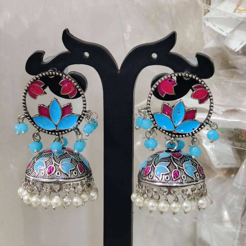 Pusti Art & Craft Multi Color Meenakari Oxidised Plated Jhumki Earrings
