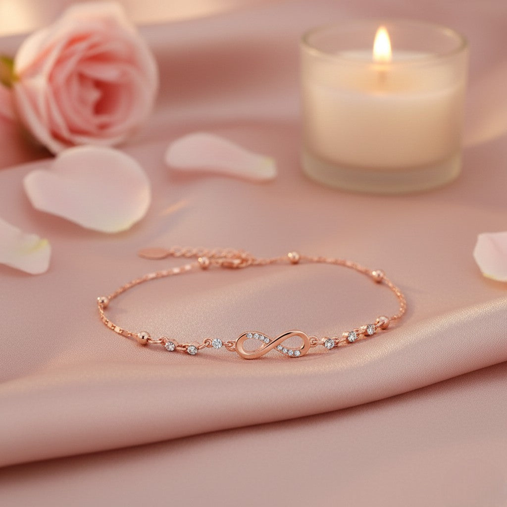 Mahi Rose Gold Plated Adjustable Chain Infinity Payal Anklet with White Shiny Crystals for Women & Girls (PL1100142ZWhi)