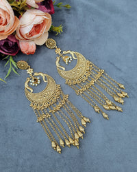 LAFZ  Peacock Motif Chandbali Earrings with Tassel Chains - PM3LCT