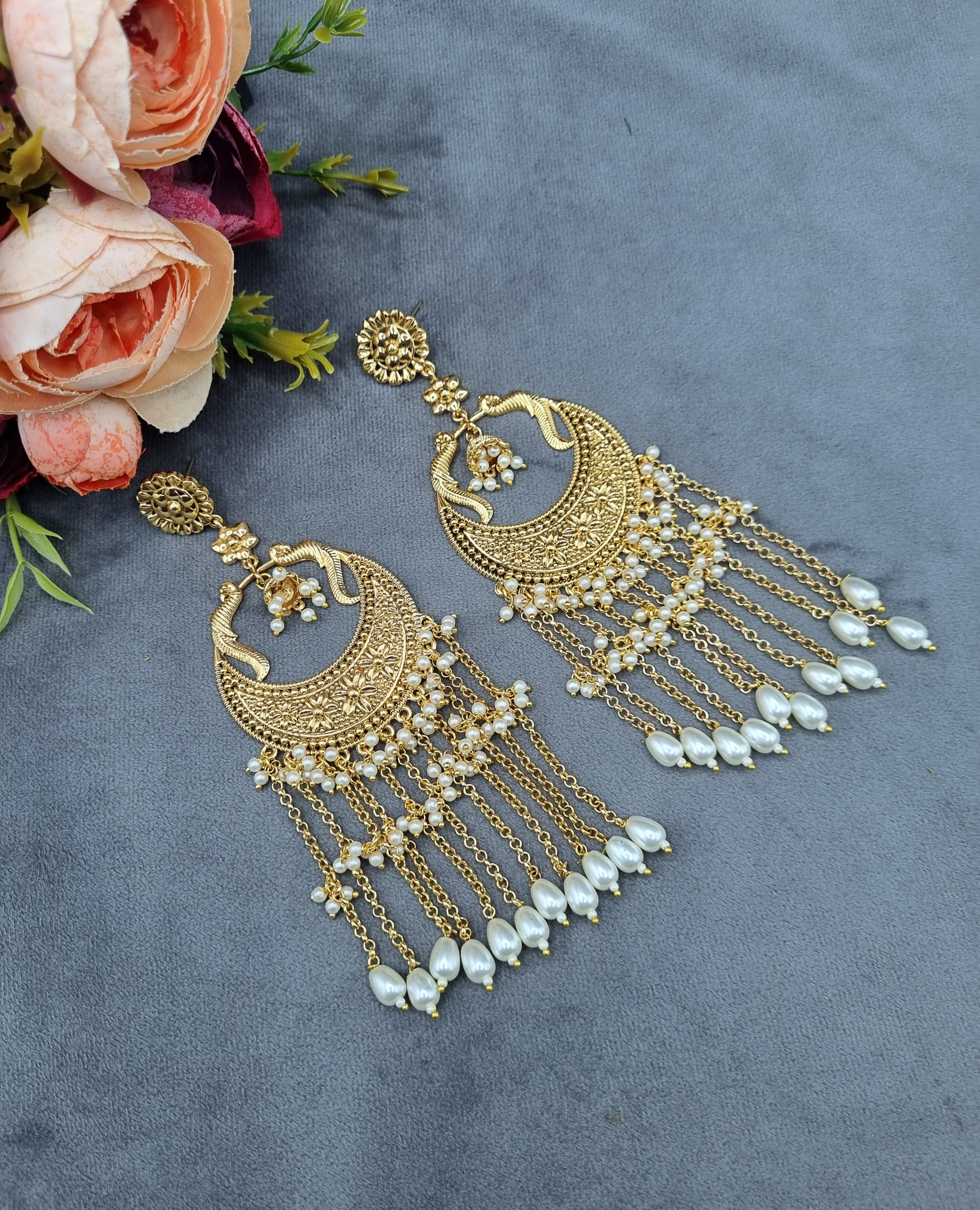 LAFZ  Peacock Motif Chandbali Earrings with Tassel Chains - PM3LCT