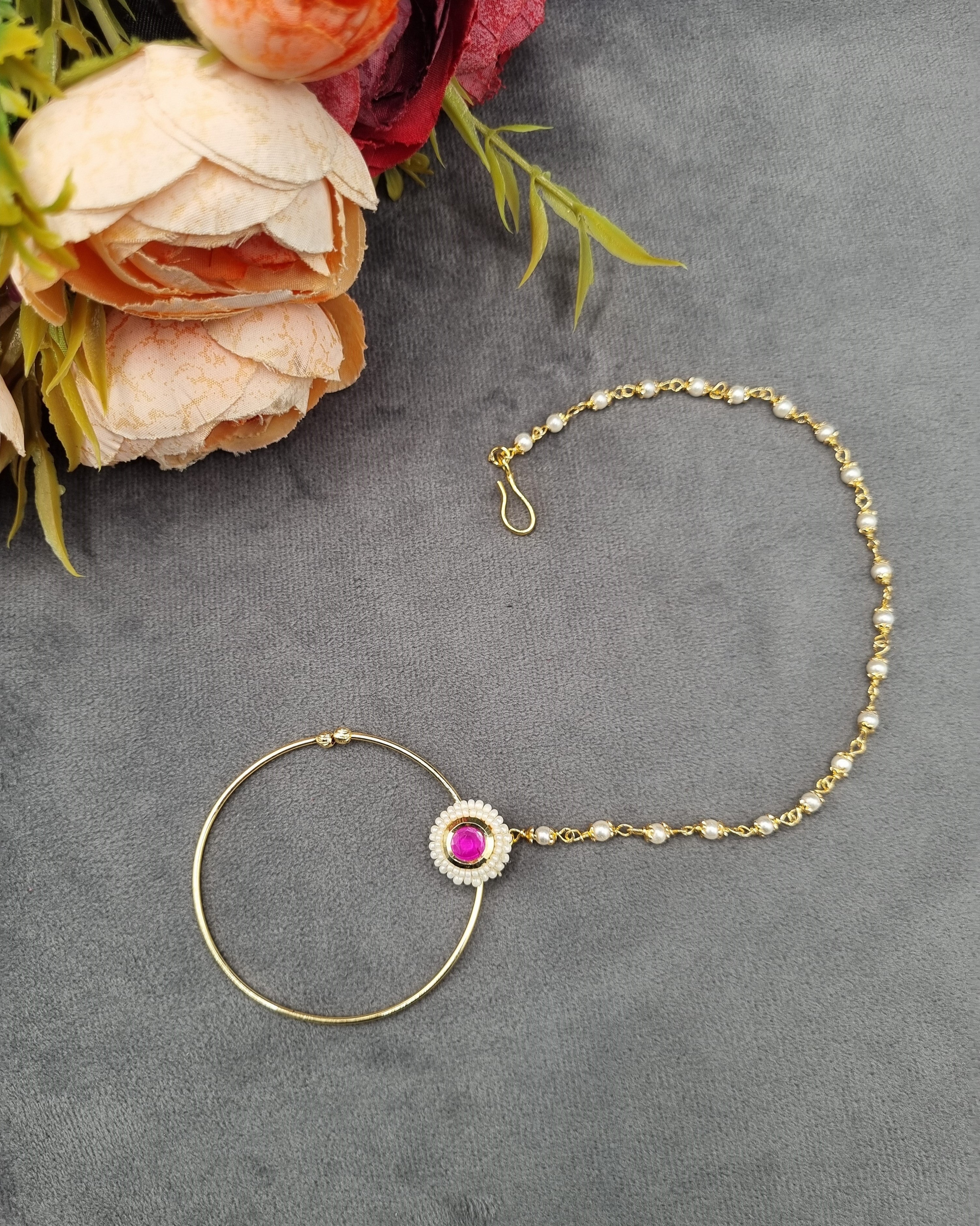 LAFZ  Traditional Stone & Pearl Studded Hoop Nath with Pearl Beaded Chain - PM5