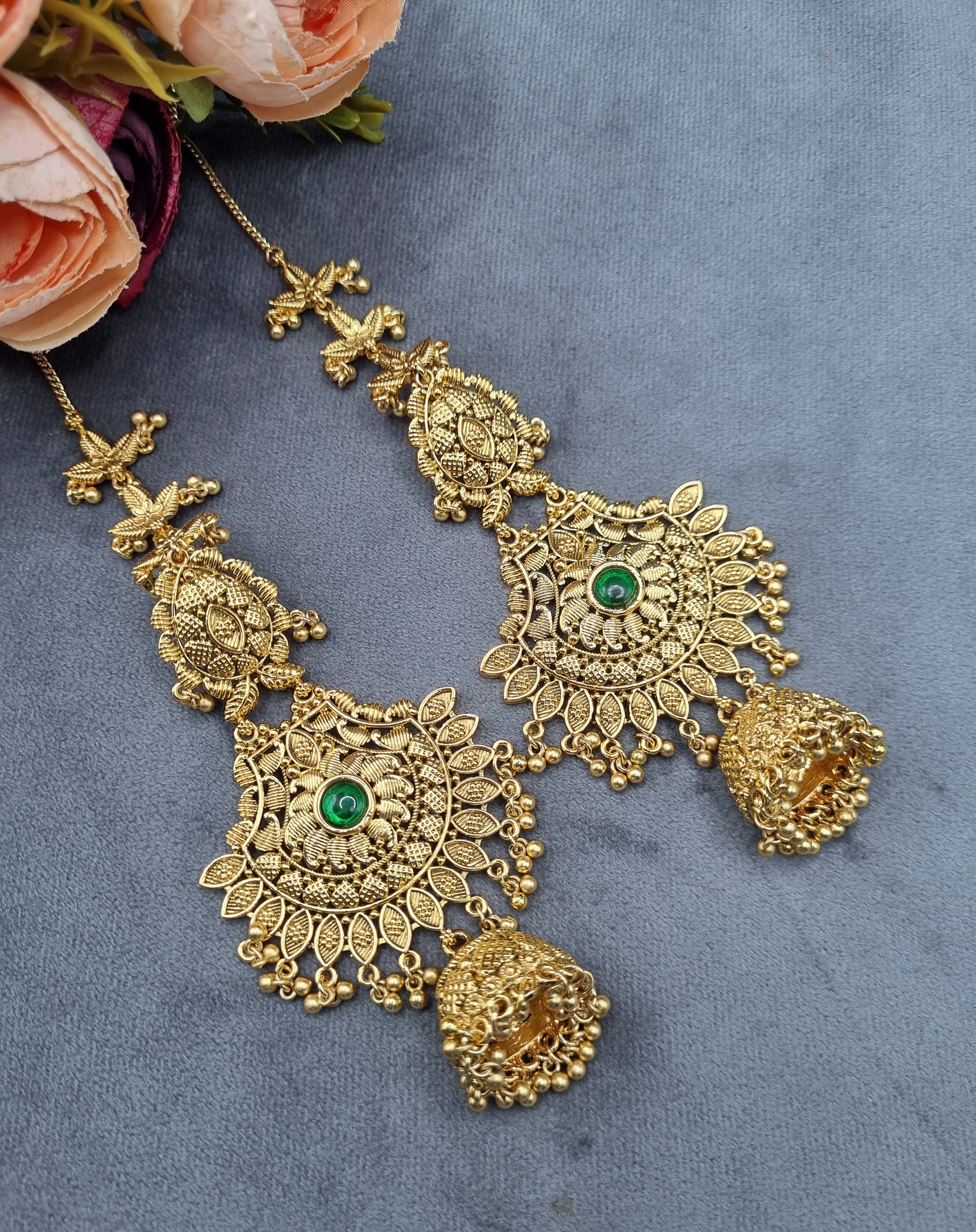LAFZ  Ornate Antique Filigree Jhumka Earrings with Ear Chains - PMER2