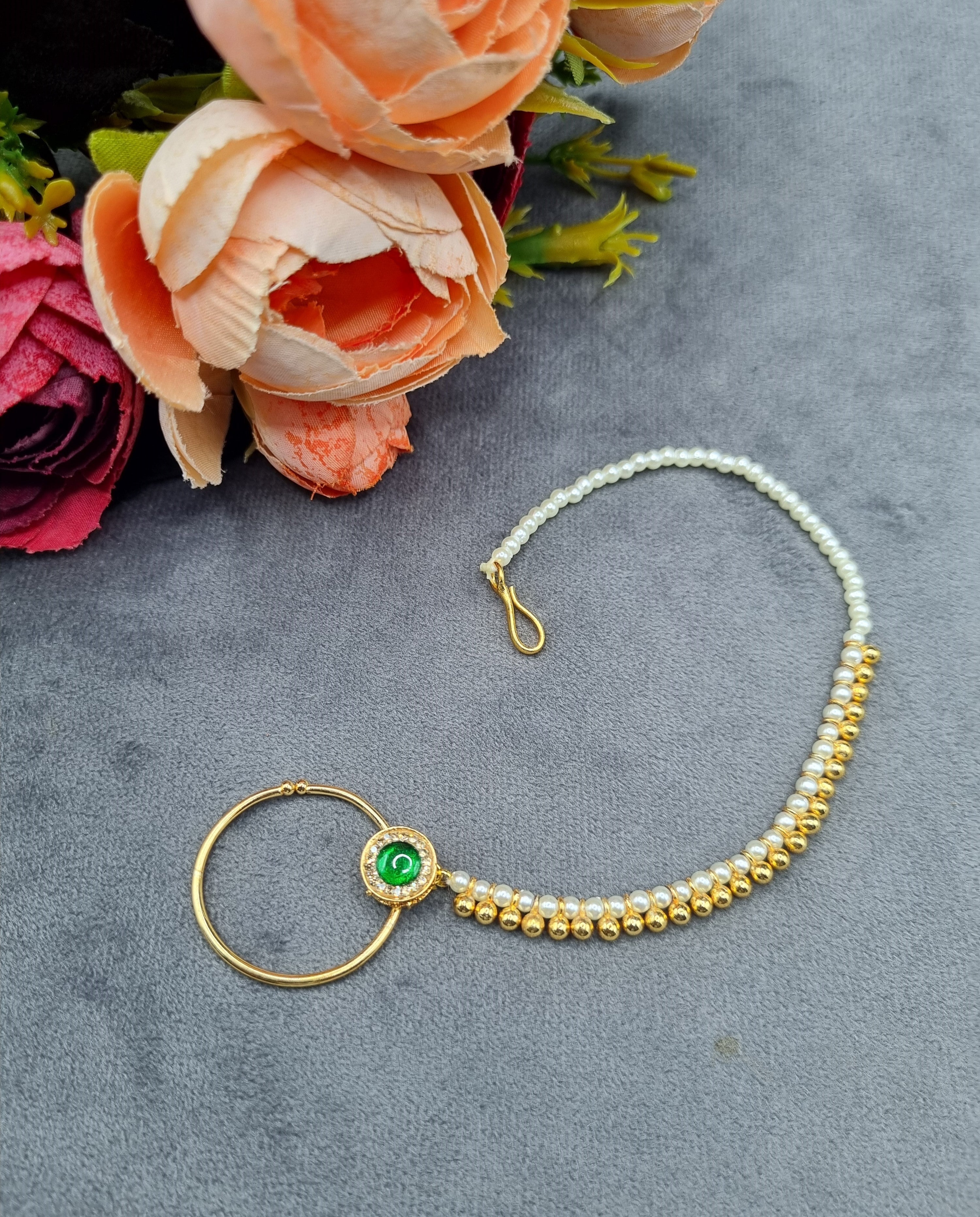 LAFZ  Traditional Stone-Studded Nath Ring with Pearl Support Chain - PMNT2