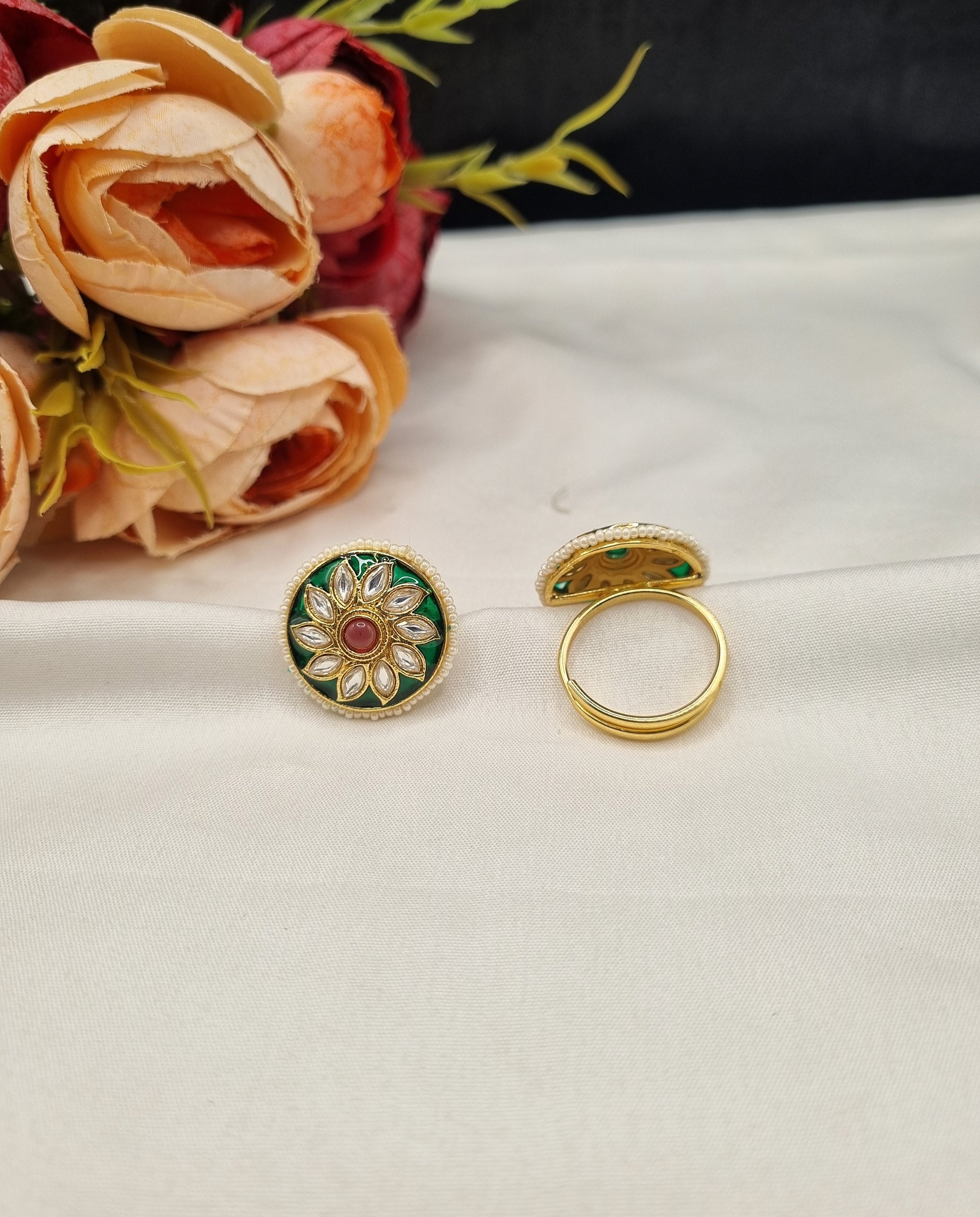 LAFZ  Floral Rosette Meenakari Statement Ring with Pearl Edge - PMRG10