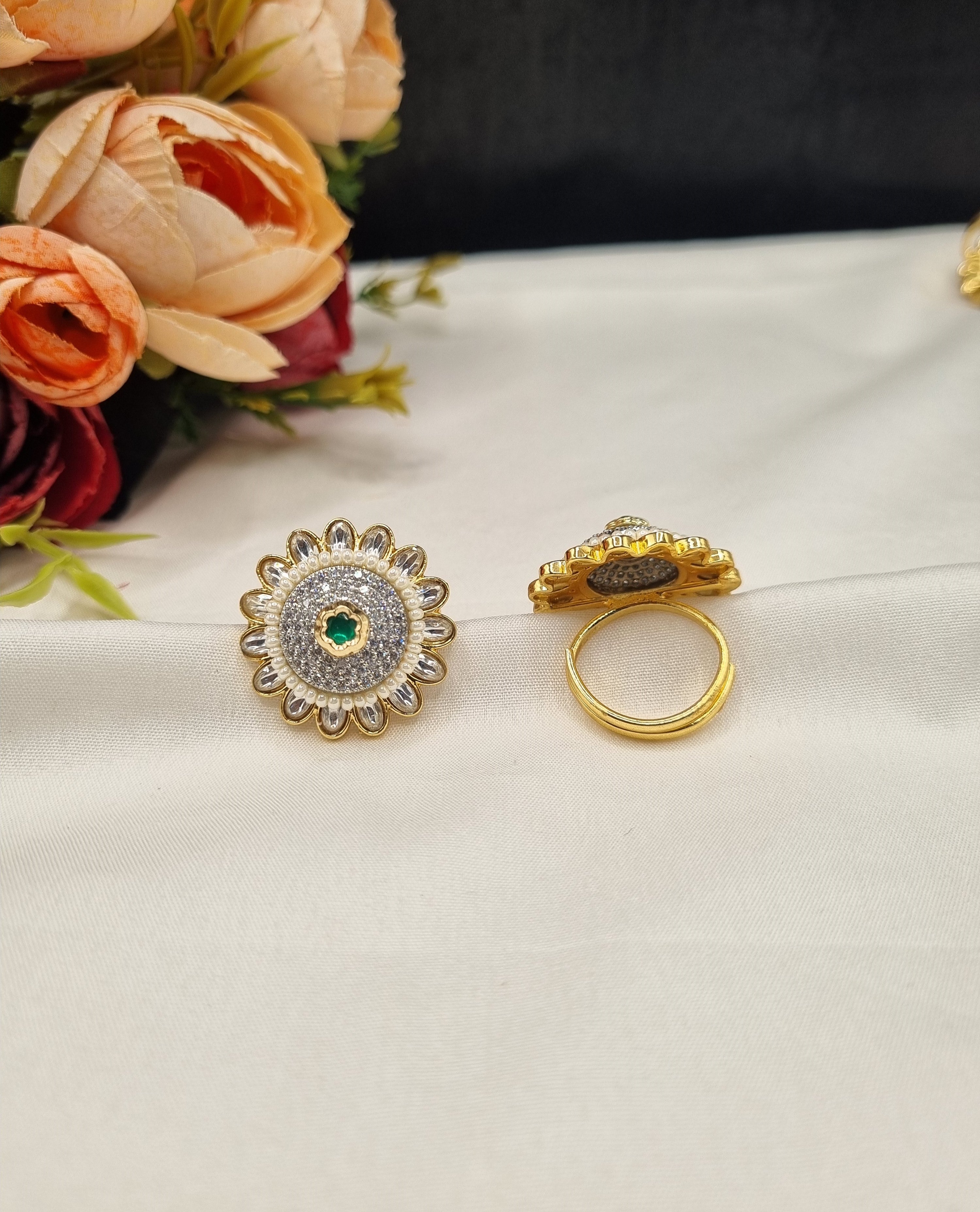 LAFZ  Sunburst Pave Medallion Ring with Pearl Border - PMRG11