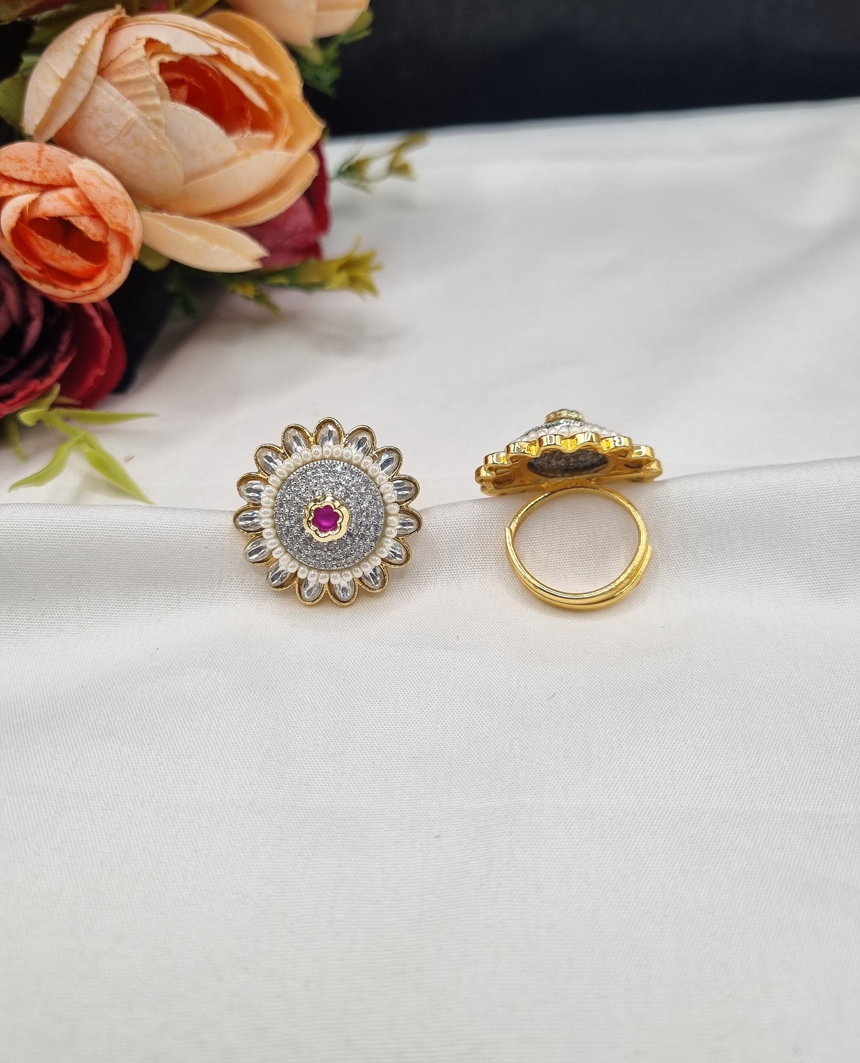 LAFZ  Sunburst Pave Medallion Ring with Pearl Border - PMRG11