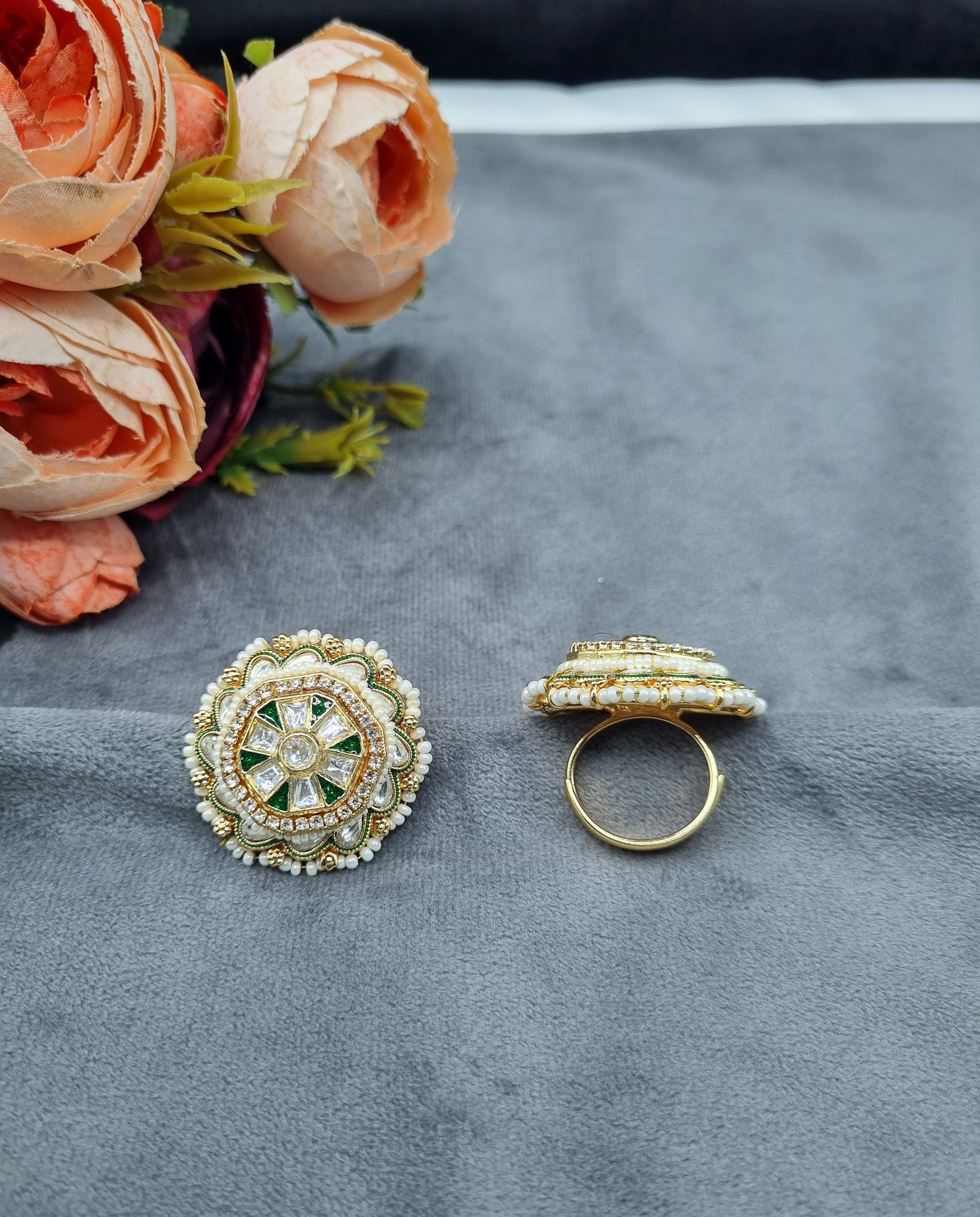 LAFZ  Ornate Geometric Statement Ring with Micro-Pearl Border - PMRG12