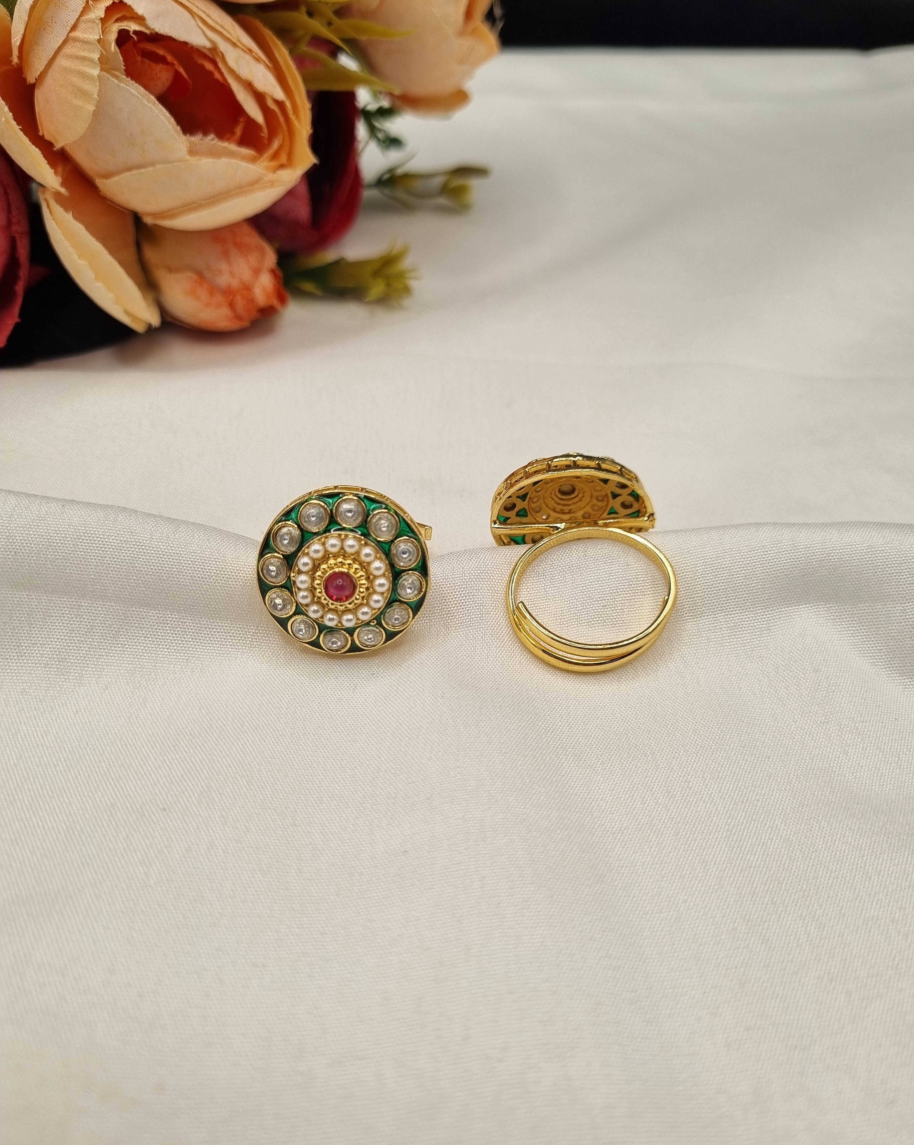 LAFZ  Circular Enamel & Pearl Medallion Statement Ring - PMRG14