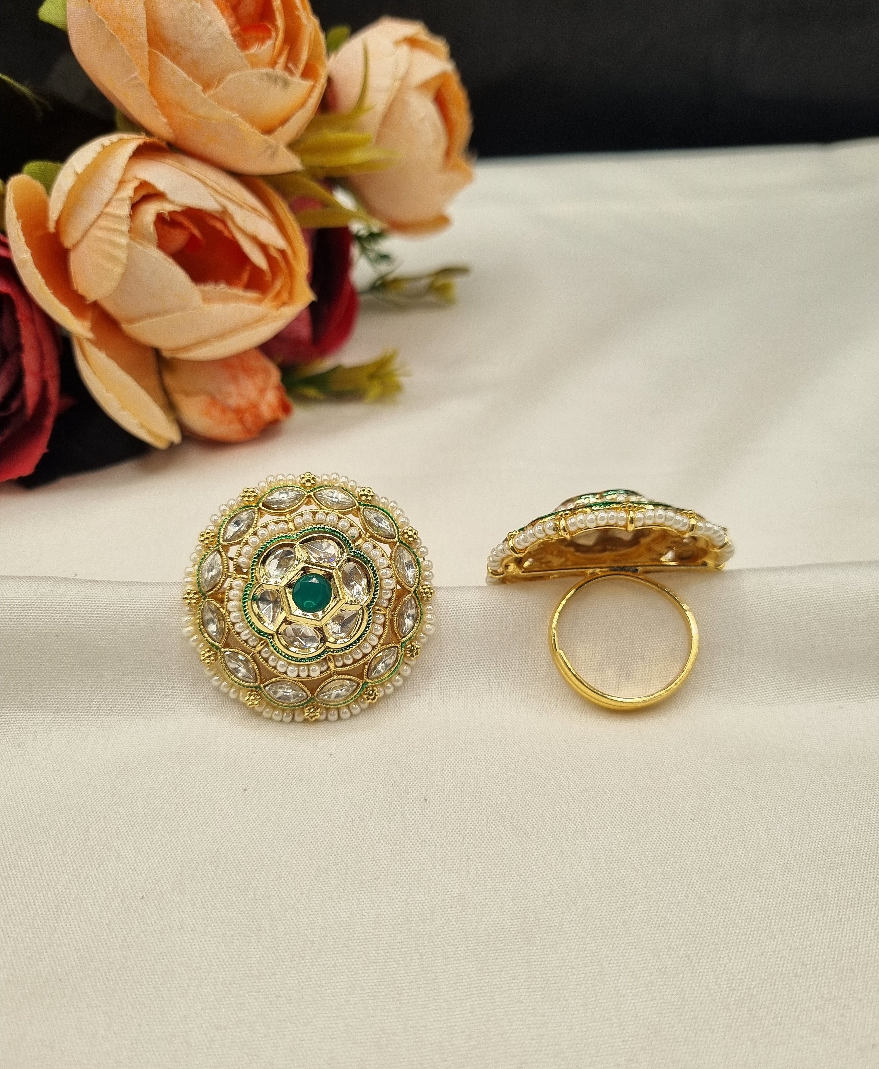 LAFZ  Gold-Plated Floral Circular Statement Ring with Pearl Border - PMRG15