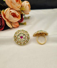 LAFZ  Gold-Plated Floral Circular Statement Ring with Pearl Border - PMRG15