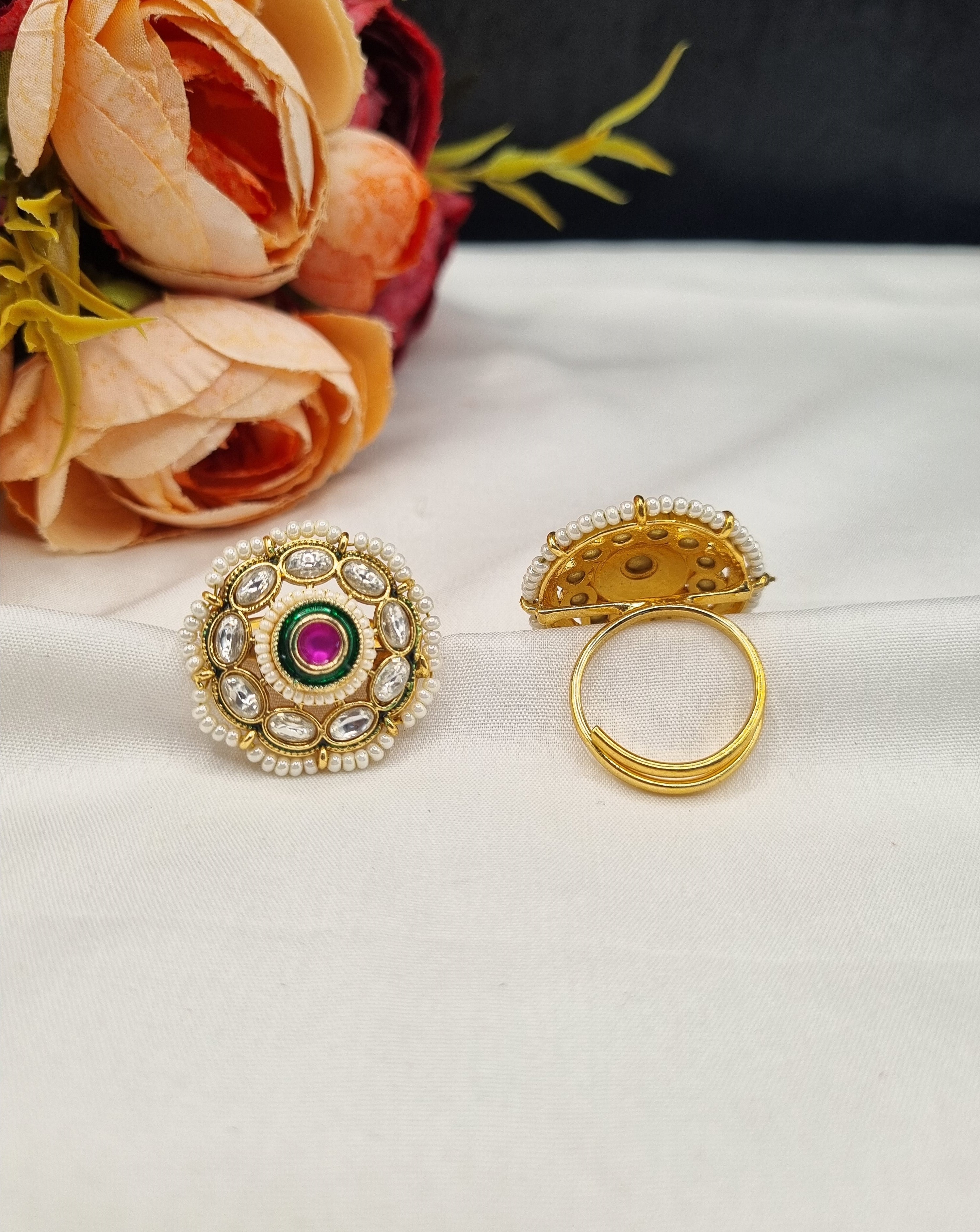 LAFZ  Traditional Round Meenakari & Stone-Studded Adjustable Ring - PMRG3