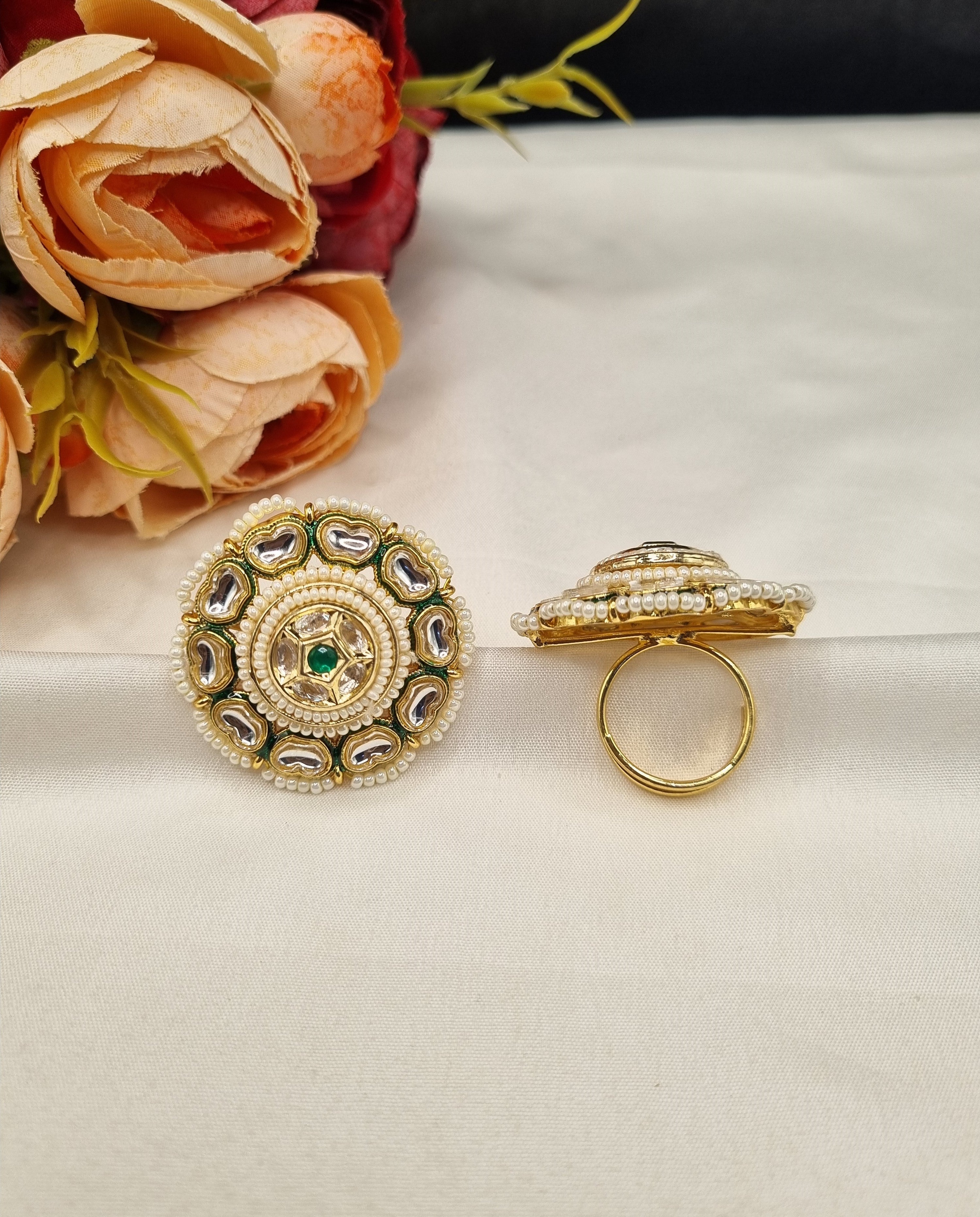LAFZ  Intricate Dome-Style Concentric Statement Ring with Pearl Halo - PMRG8