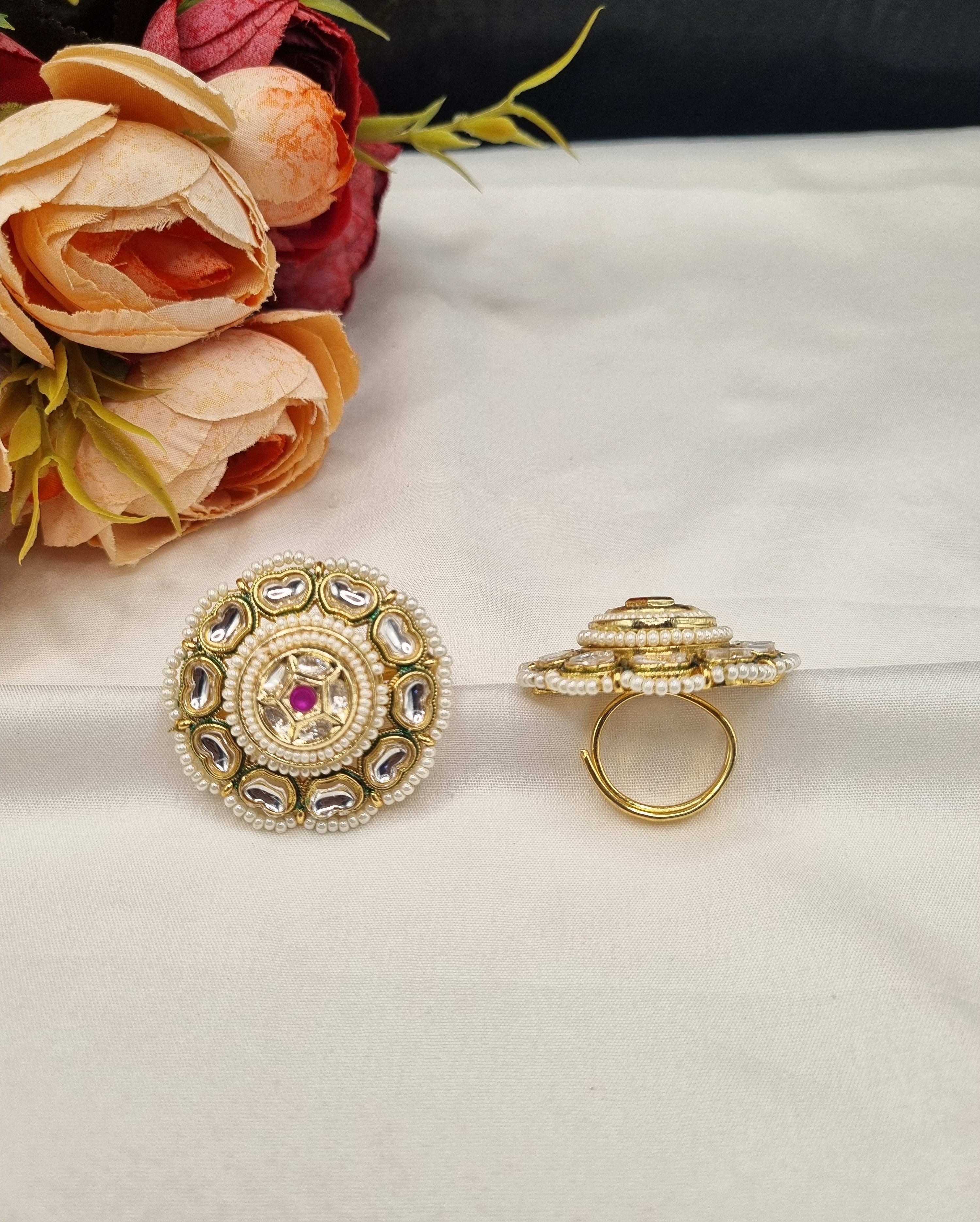LAFZ  Intricate Dome-Style Concentric Statement Ring with Pearl Halo - PMRG8