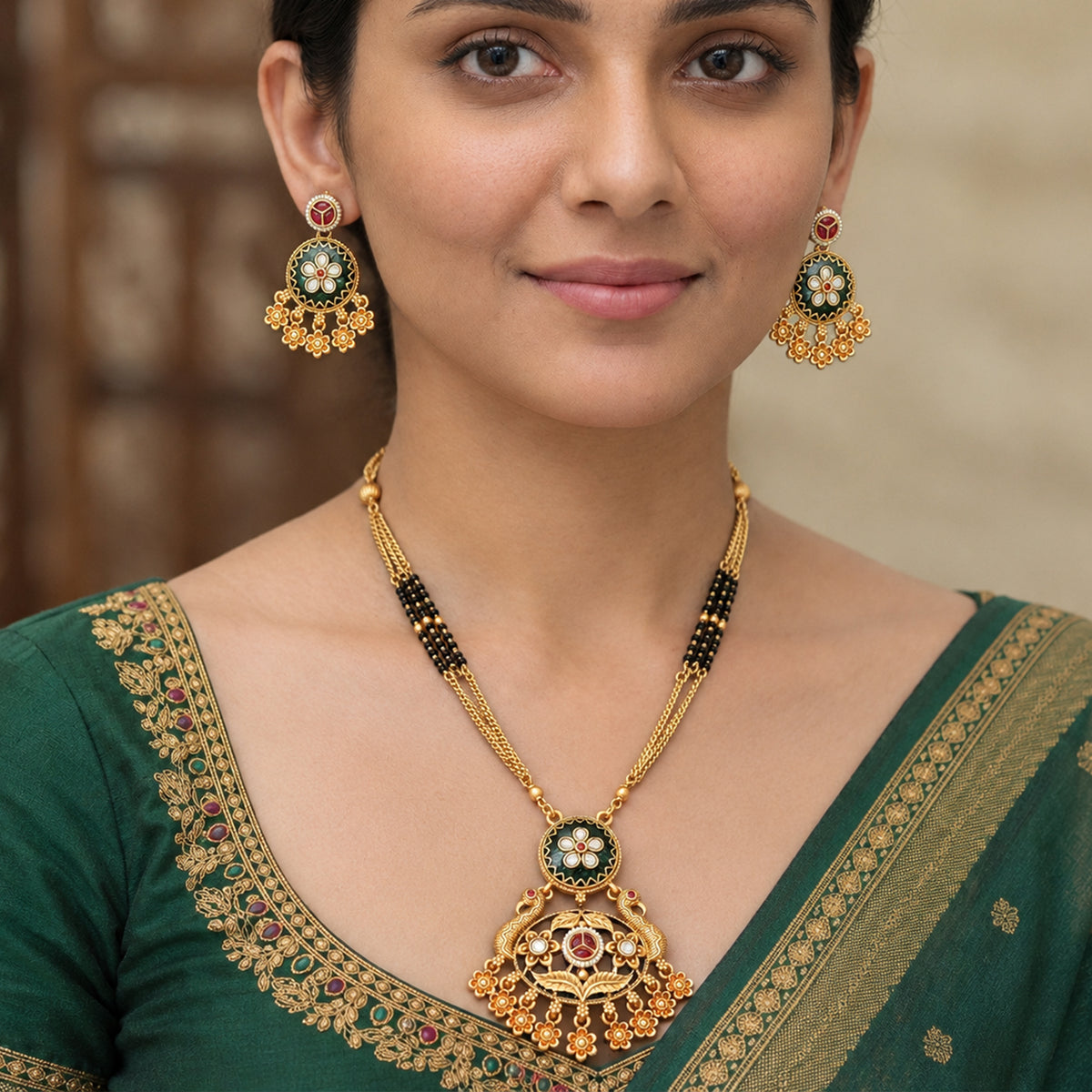 Js Fashion  Peacock Designer Rajwadi Polish Fancy Style Pendant Set