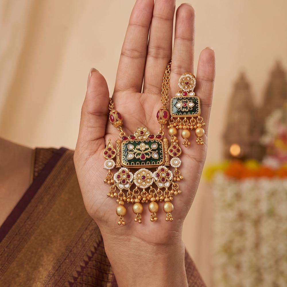 Js Fashion  Designer Rajwadi Polish Fancy Full Stone Pendant Set