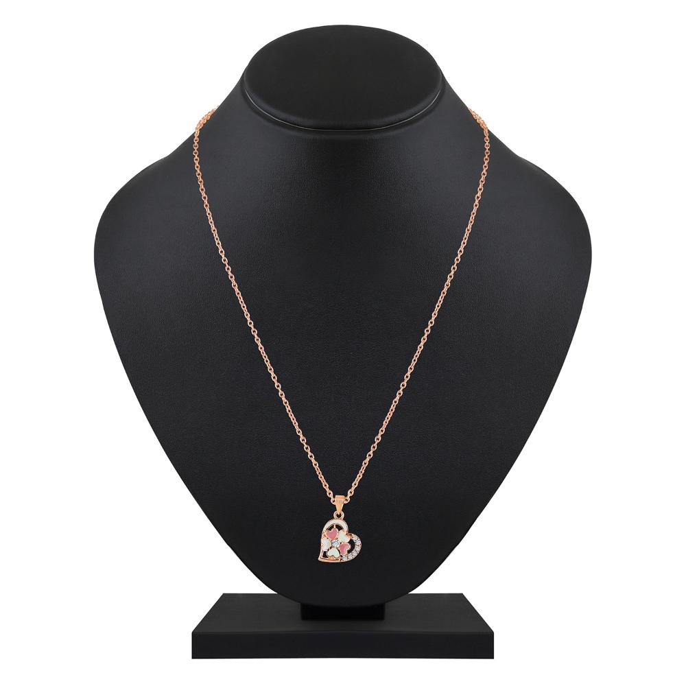Mahi Rose Gold Plated Pink and Green Meenakari Work and Crystals Floral Heart Necklace Pendant for Women (PS1101876ZPinGre)