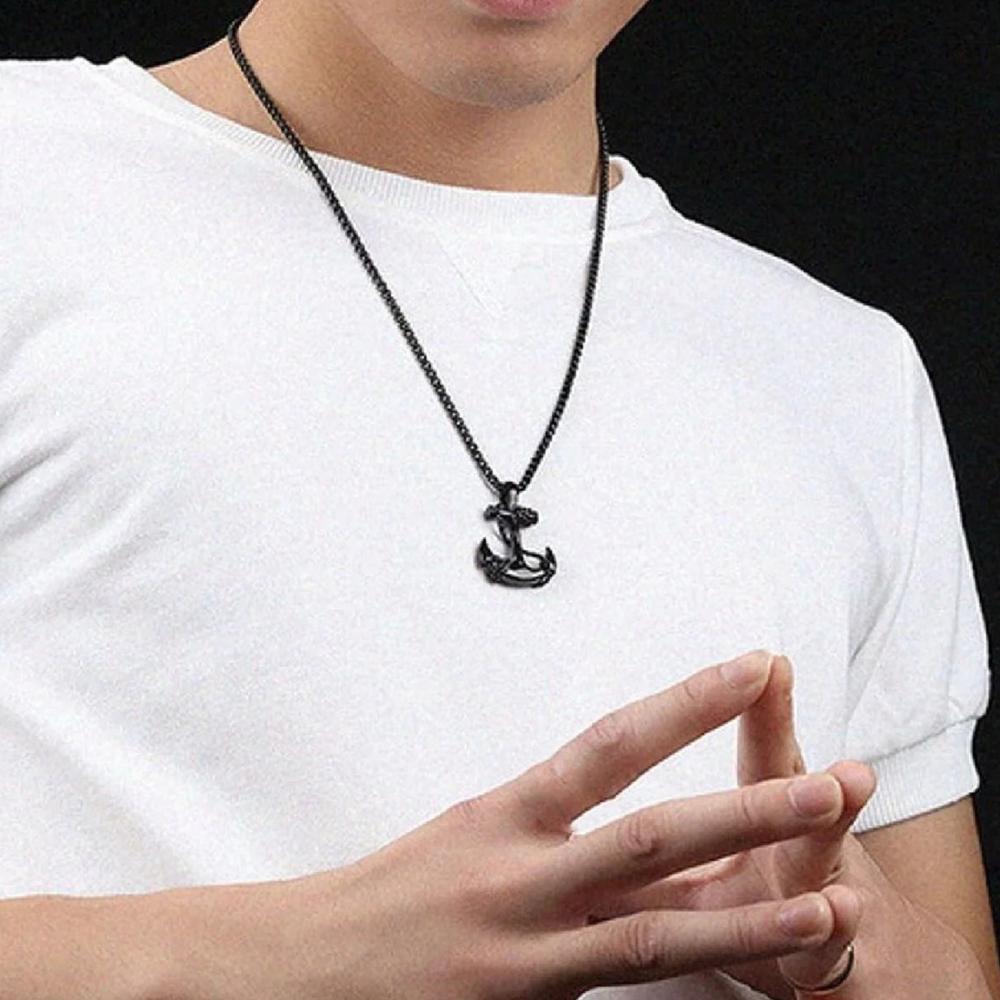 Mahi Black Plated Exclusive Unisex Sailor Anchor Necklace Pendant with Box Chain (PS1101882B)