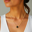 Mahi Black Clover Pendant Necklace with Beaded Edge on Gold Tone Chain Pendant for Women (PS1101972GBla)