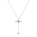 Mahi Winged Heart Pink Crystal Lariat Pendant Necklace with Dangle Heart Charm | Silver Finish (PS1101975RPin)