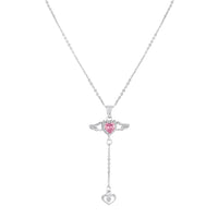 Mahi Winged Heart Pink Crystal Lariat Pendant Necklace with Dangle Heart Charm | Silver Finish (PS1101975RPin)